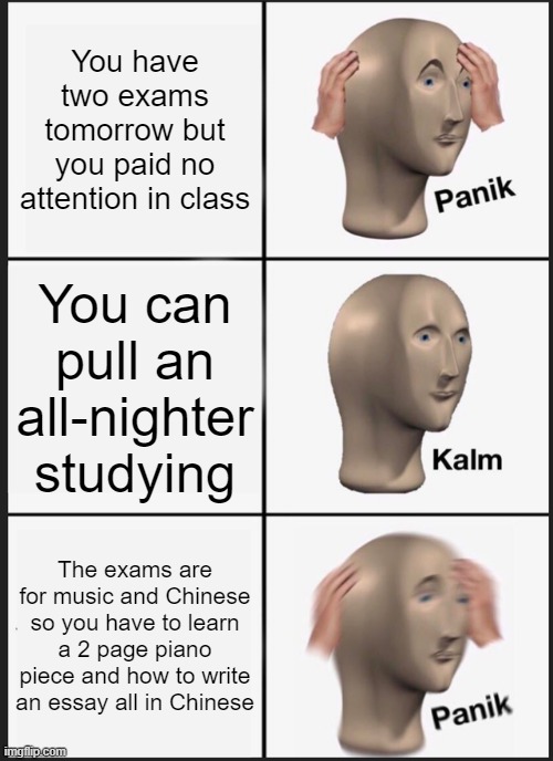 Pick your procrastinations wisely! | You have two exams tomorrow but you paid no attention in class; You can pull an all-nighter studying; The exams are for music and Chinese so you have to learn a 2 page piano piece and how to write an essay all in Chinese | image tagged in memes,panik kalm panik | made w/ Imgflip meme maker
