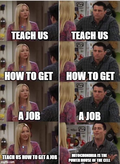 Schools be like | TEACH US; TEACH US; HOW TO GET; HOW TO GET; A JOB; A JOB; TEACH US HOW TO GET A JOB; MITOCHONDRIA IS THE POWER HOUSE OF THE CELL | image tagged in phoebe joey | made w/ Imgflip meme maker