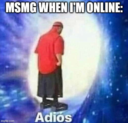 Adios | MSMG WHEN I'M ONLINE: | image tagged in adios | made w/ Imgflip meme maker