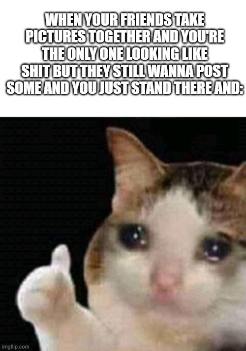 sad thumbs up cat | WHEN YOUR FRIENDS TAKE PICTURES TOGETHER AND YOU'RE THE ONLY ONE LOOKING LIKE SHIT BUT THEY STILL WANNA POST SOME AND YOU JUST STAND THERE AND: | image tagged in sad thumbs up cat | made w/ Imgflip meme maker