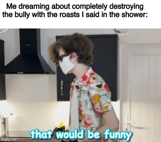 *shrugs* | Me dreaming about completely destroying the bully with the roasts I said in the shower: | image tagged in fun | made w/ Imgflip meme maker