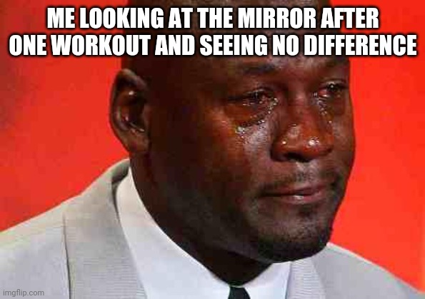 Imagine it was that ez | ME LOOKING AT THE MIRROR AFTER ONE WORKOUT AND SEEING NO DIFFERENCE | image tagged in crying michael jordan | made w/ Imgflip meme maker
