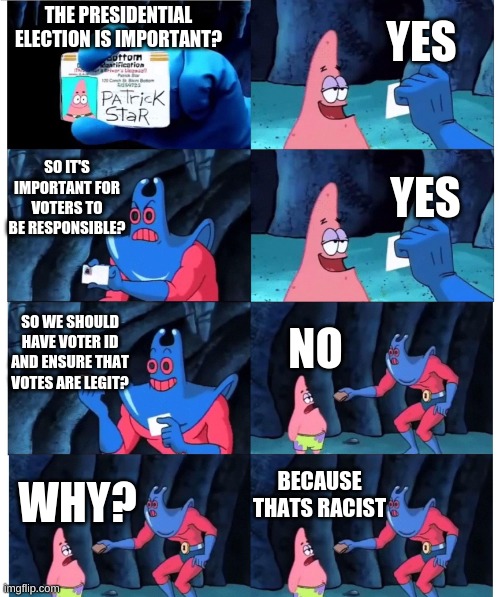 patrick not my wallet | THE PRESIDENTIAL ELECTION IS IMPORTANT? YES SO IT'S IMPORTANT FOR VOTERS TO BE RESPONSIBLE? YES SO WE SHOULD HAVE VOTER ID AND ENSURE THAT V | image tagged in patrick not my wallet | made w/ Imgflip meme maker