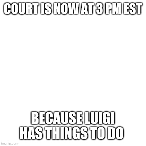 Blank Transparent Square Meme | COURT IS NOW AT 3 PM EST; BECAUSE LUIGI HAS THINGS TO DO | image tagged in memes,blank transparent square | made w/ Imgflip meme maker
