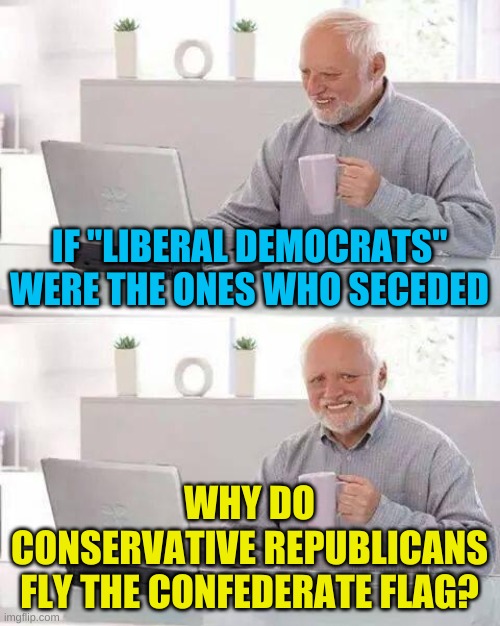 no conservative can answer this | IF "LIBERAL DEMOCRATS" WERE THE ONES WHO SECEDED; WHY DO
CONSERVATIVE REPUBLICANS
FLY THE CONFEDERATE FLAG? | image tagged in memes,hide the pain harold,confederate flag,civil war,conservative hypocrisy,qanon | made w/ Imgflip meme maker
