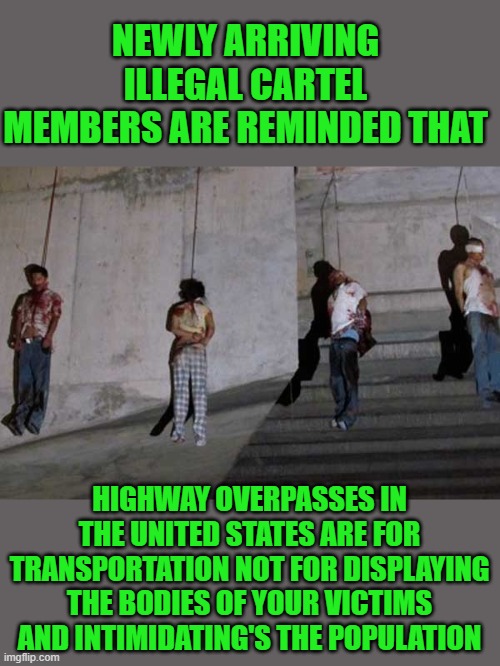yep | NEWLY ARRIVING ILLEGAL CARTEL MEMBERS ARE REMINDED THAT; HIGHWAY OVERPASSES IN THE UNITED STATES ARE FOR TRANSPORTATION NOT FOR DISPLAYING THE BODIES OF YOUR VICTIMS AND INTIMIDATING'S THE POPULATION | image tagged in democrats,illegal immigration,fascism | made w/ Imgflip meme maker