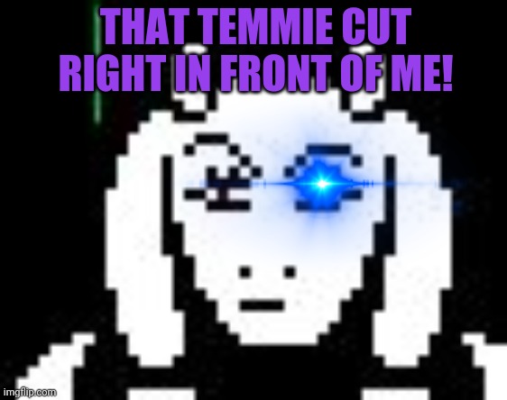 Undertale - Toriel | THAT TEMMIE CUT RIGHT IN FRONT OF ME! | image tagged in undertale - toriel | made w/ Imgflip meme maker