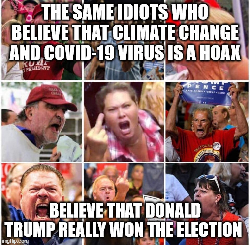 Trumpers - Only the Best | THE SAME IDIOTS WHO BELIEVE THAT CLIMATE CHANGE AND COVID-19 VIRUS IS A HOAX; BELIEVE THAT DONALD TRUMP REALLY WON THE ELECTION | image tagged in triggered trump supporters,republicans,climate change,donald trump,election 2020 | made w/ Imgflip meme maker