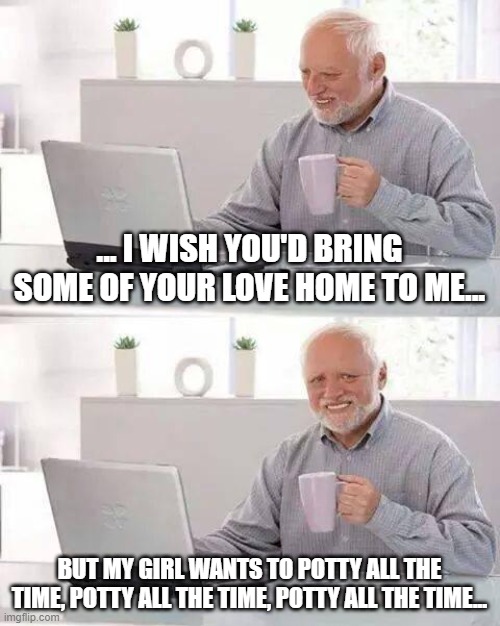 Misheard lyrics | ... I WISH YOU'D BRING SOME OF YOUR LOVE HOME TO ME... BUT MY GIRL WANTS TO POTTY ALL THE TIME, POTTY ALL THE TIME, POTTY ALL THE TIME... | image tagged in memes,hide the pain harold | made w/ Imgflip meme maker