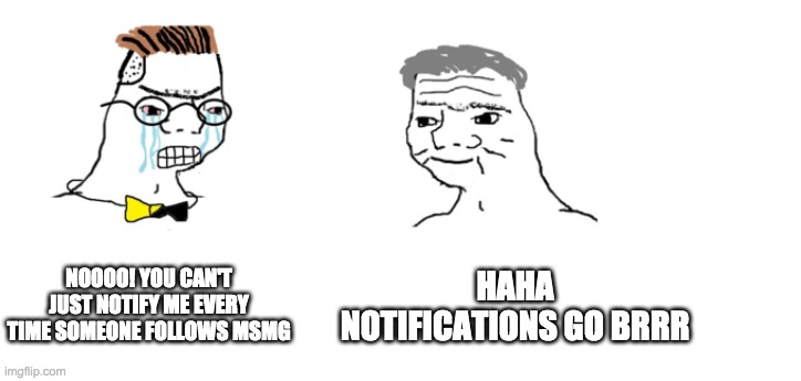 nooo haha go brrr | NOOOO! YOU CAN'T JUST NOTIFY ME EVERY TIME SOMEONE FOLLOWS MSMG; HAHA NOTIFICATIONS GO BRRR | image tagged in nooo haha go brrr | made w/ Imgflip meme maker