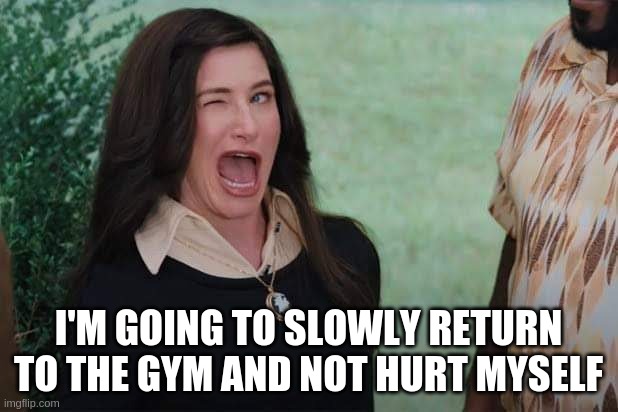 WandaVision Agnes wink | I'M GOING TO SLOWLY RETURN TO THE GYM AND NOT HURT MYSELF | image tagged in wandavision agnes wink | made w/ Imgflip meme maker