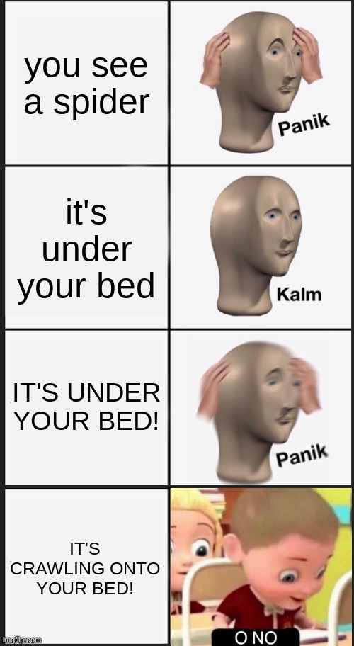 you might as well move out, not saying you should but if that ever happens to you, you know what to do | you see a spider; it's under your bed; IT'S UNDER YOUR BED! IT'S CRAWLING ONTO YOUR BED! | image tagged in memes,panik kalm panik | made w/ Imgflip meme maker
