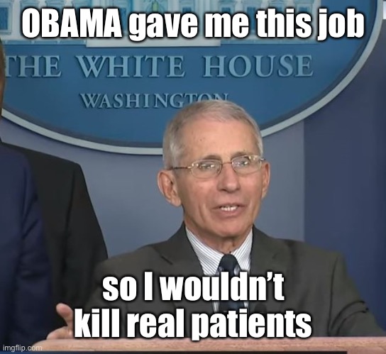 Dr Fauci | OBAMA gave me this job so I wouldn’t kill real patients | image tagged in dr fauci | made w/ Imgflip meme maker