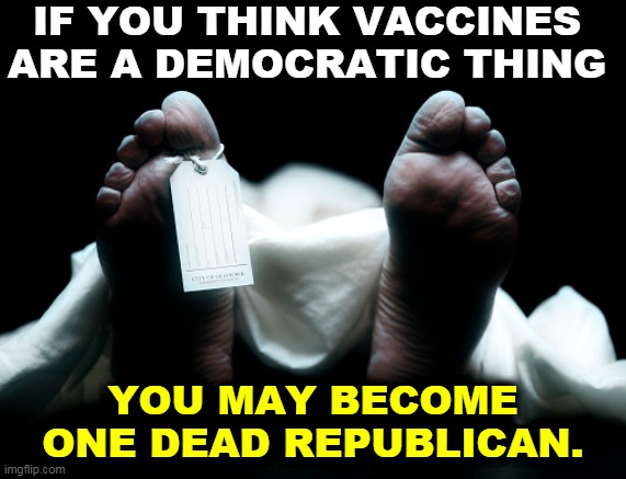 The virus isn't partisan. It attacks the unvaccinated. | IF YOU THINK VACCINES ARE A DEMOCRATIC THING; YOU MAY BECOME ONE DEAD REPUBLICAN. | image tagged in dead body corpse feet tag,republican,anti vax,morons | made w/ Imgflip meme maker