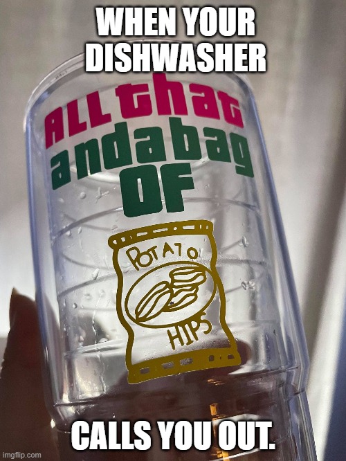 All That And a Bag of Hips |  WHEN YOUR DISHWASHER; CALLS YOU OUT. | image tagged in chips,potato,potato chips,90's,all that and a bag of chips,bag of chips | made w/ Imgflip meme maker