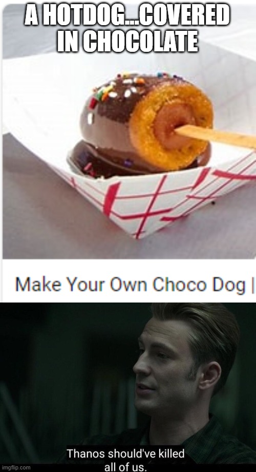 How is this even legal? | A HOTDOG...COVERED IN CHOCOLATE | image tagged in thanos should've killed all of us | made w/ Imgflip meme maker