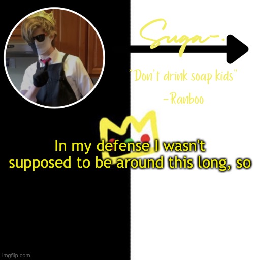 .-. | In my defense I wasn't supposed to be around this long, so | image tagged in suga s o t h e r ranboo temp | made w/ Imgflip meme maker