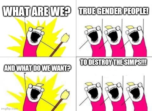 I hate them | WHAT ARE WE? TRUE GENDER PEOPLE! AND WHAT DO WE WANT? TO DESTROY THE SIMPS!!! | image tagged in memes,what do we want | made w/ Imgflip meme maker