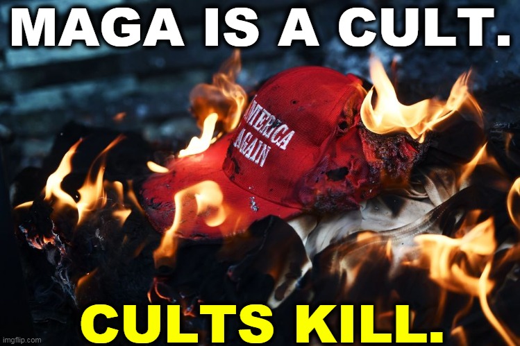 They lie and they pick your pocket, but most of all, they kill. | MAGA IS A CULT. CULTS KILL. | image tagged in maga hat burn fire,maga,cult,killer | made w/ Imgflip meme maker