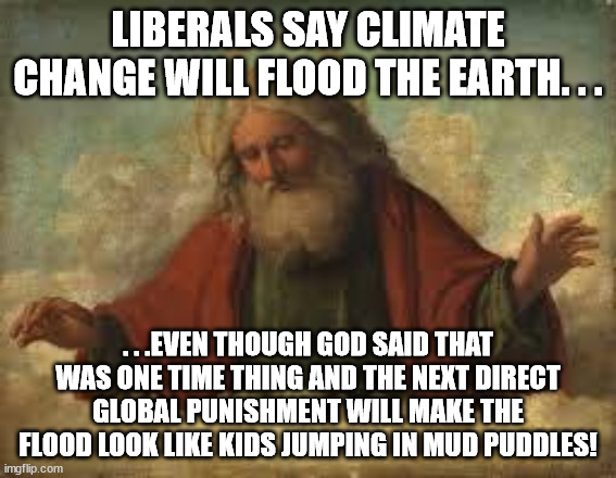 god | LIBERALS SAY CLIMATE CHANGE WILL FLOOD THE EARTH. . . . . .EVEN THOUGH GOD SAID THAT WAS ONE TIME THING AND THE NEXT DIRECT GLOBAL PUNISHMEN | image tagged in god | made w/ Imgflip meme maker