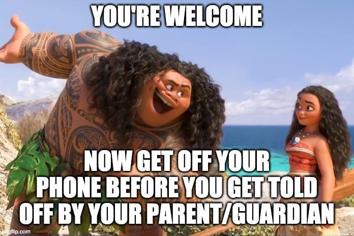 Moana Maui You're Welcome | YOU'RE WELCOME NOW GET OFF YOUR PHONE BEFORE YOU GET TOLD OFF BY YOUR PARENT/GUARDIAN | image tagged in moana maui you're welcome | made w/ Imgflip meme maker