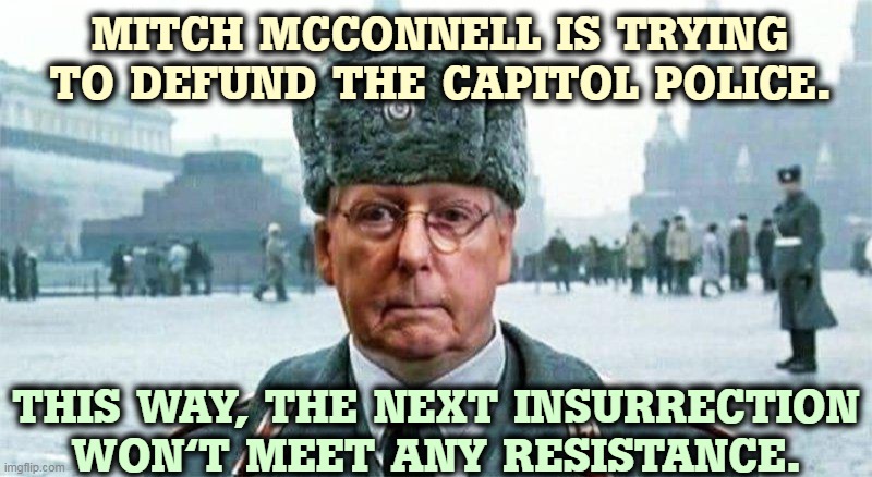Mitch McConnell, terrorist. | MITCH MCCONNELL IS TRYING TO DEFUND THE CAPITOL POLICE. THIS WAY, THE NEXT INSURRECTION WON'T MEET ANY RESISTANCE. | image tagged in moscow mitch,terrorist | made w/ Imgflip meme maker