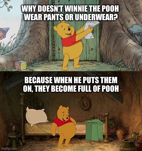 Winnie the Pooh Logic | WHY DOESN’T WINNIE THE POOH 
WEAR PANTS OR UNDERWEAR? BECAUSE WHEN HE PUTS THEM ON, THEY BECOME FULL OF POOH | image tagged in winnie the pooh,no pants | made w/ Imgflip meme maker