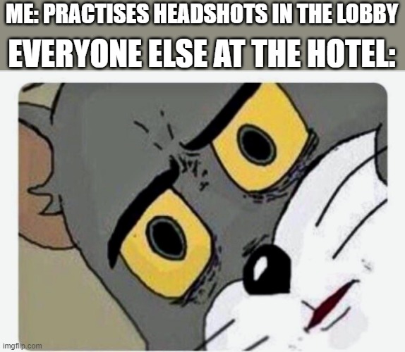 oh my... | EVERYONE ELSE AT THE HOTEL:; ME: PRACTISES HEADSHOTS IN THE LOBBY | image tagged in disturbed tom | made w/ Imgflip meme maker