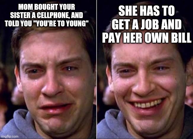 Spiderman crying | SHE HAS TO GET A JOB AND PAY HER OWN BILL; MOM BOUGHT YOUR SISTER A CELLPHONE, AND TOLD YOU "YOU'RE TO YOUNG" | image tagged in spiderman crying | made w/ Imgflip meme maker