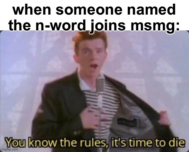 seriously whyy | when someone named the n-word joins msmg: | image tagged in you know the rules it's time to die | made w/ Imgflip meme maker