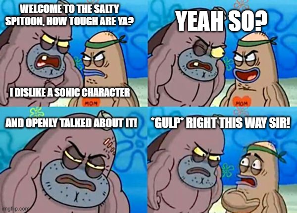 Welcome to the salty spitoon! | WELCOME TO THE SALTY SPITOON, HOW TOUGH ARE YA? YEAH SO? I DISLIKE A SONIC CHARACTER; AND OPENLY TALKED ABOUT IT! *GULP* RIGHT THIS WAY SIR! | image tagged in salty spitoon | made w/ Imgflip meme maker
