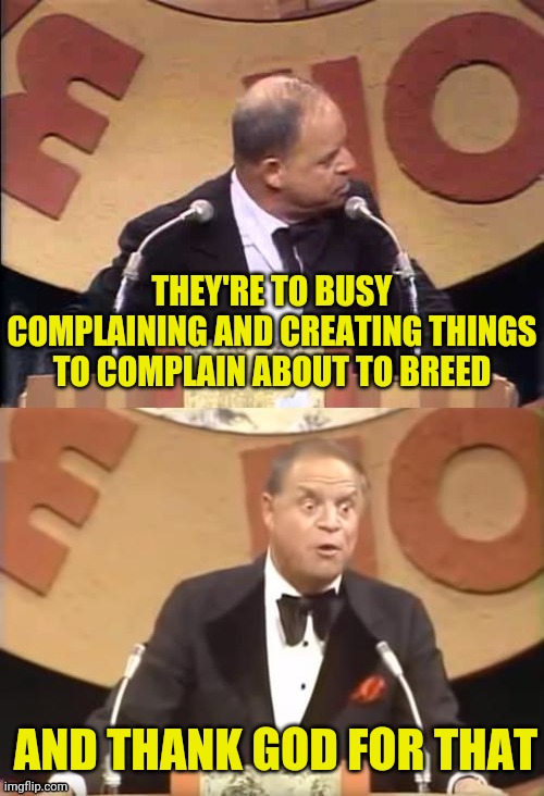 Don Rickles Roast | THEY'RE TO BUSY COMPLAINING AND CREATING THINGS TO COMPLAIN ABOUT TO BREED AND THANK GOD FOR THAT | image tagged in don rickles roast | made w/ Imgflip meme maker