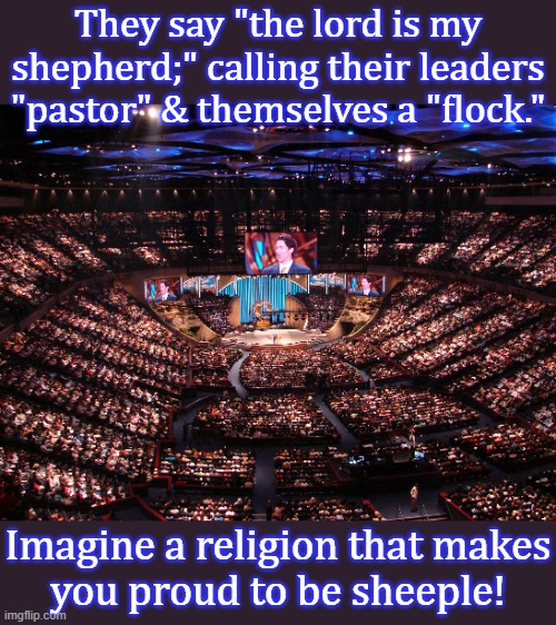 Think for yourself. | They say "the lord is my shepherd;" calling their leaders "pastor" & themselves a "flock."; Imagine a religion that makes
you proud to be sheeple! | image tagged in mega church,brainwashed,sheeple | made w/ Imgflip meme maker