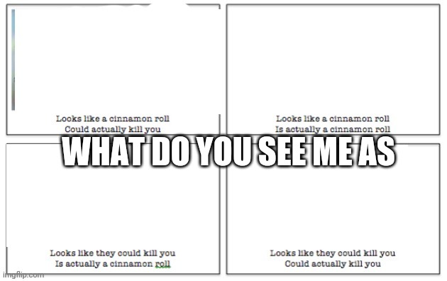 Cinnamon roll/ kill you | WHAT DO YOU SEE ME AS | image tagged in cinnamon roll/ kill you | made w/ Imgflip meme maker