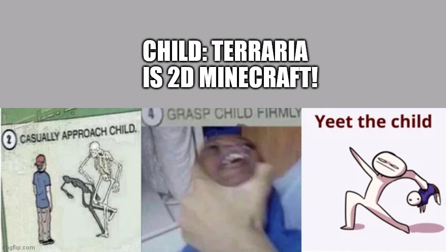 §tθp | CHILD: TERRARIA IS 2D MINECRAFT! | image tagged in casually approach child grasp child firmly yeet the child | made w/ Imgflip meme maker