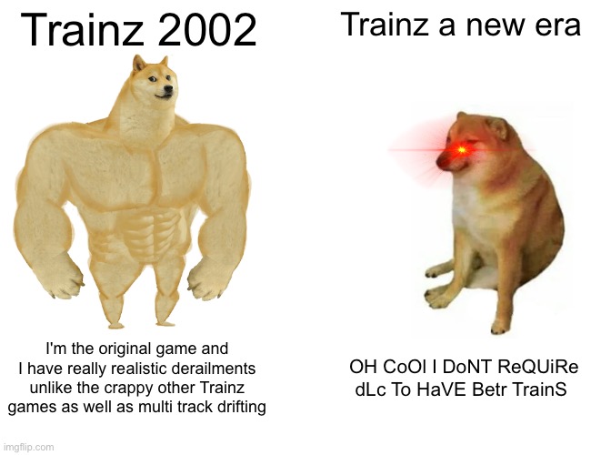 Buff Doge vs. Cheems Meme | Trainz 2002; Trainz a new era; I'm the original game and I have really realistic derailments unlike the crappy other Trainz games as well as multi track drifting; OH CoOl I DoNT ReQUiRe dLc To HaVE Betr TrainS | image tagged in memes,buff doge vs cheems | made w/ Imgflip meme maker