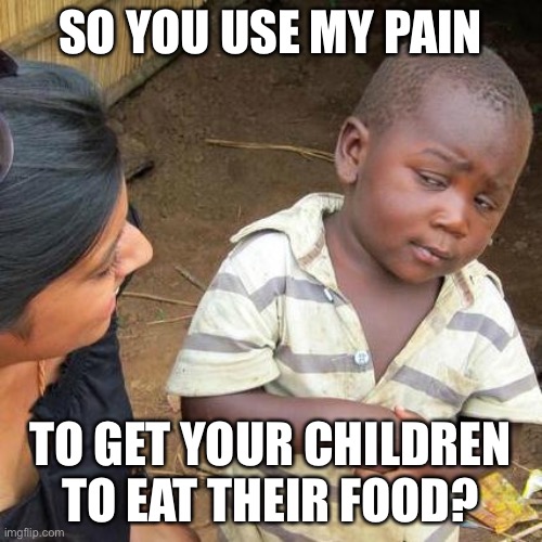 lol | SO YOU USE MY PAIN; TO GET YOUR CHILDREN TO EAT THEIR FOOD? | image tagged in memes,third world skeptical kid,funny,food,parents,children | made w/ Imgflip meme maker