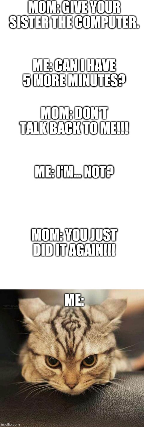 Grrr | MOM: GIVE YOUR SISTER THE COMPUTER. ME: CAN I HAVE 5 MORE MINUTES? MOM: DON'T TALK BACK TO ME!!! ME: I'M... NOT? MOM: YOU JUST DID IT AGAIN!!! ME: | image tagged in memes,blank transparent square,grrrrr | made w/ Imgflip meme maker