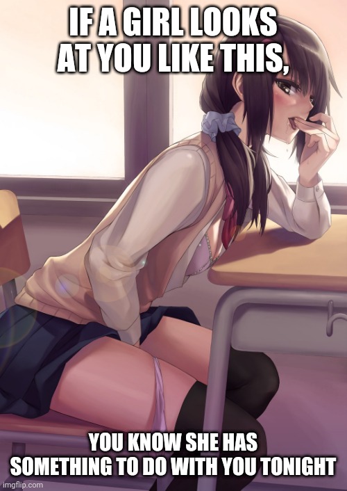 Well yes, but actually yes | IF A GIRL LOOKS AT YOU LIKE THIS, YOU KNOW SHE HAS SOMETHING TO DO WITH YOU TONIGHT | image tagged in hentai anime girl | made w/ Imgflip meme maker