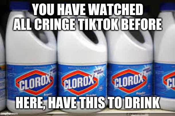 Drink this | YOU HAVE WATCHED ALL CRINGE TIKTOK BEFORE; HERE, HAVE THIS TO DRINK | image tagged in clorox | made w/ Imgflip meme maker