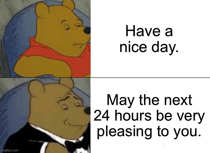 Yes | Have a nice day. May the next 24 hours be very pleasing to you. | image tagged in memes,tuxedo winnie the pooh | made w/ Imgflip meme maker