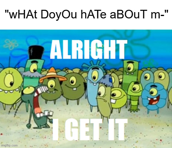 Alright I get It | "wHAt DoyOu hATe aBOuT m-" | image tagged in alright i get it | made w/ Imgflip meme maker