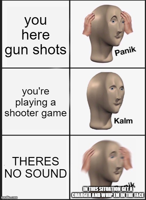 bruh | you here gun shots; you're playing a shooter game; THERES NO SOUND; IN THIS SITUATION GET A CHARGER AND WHIP EM IN THE FACE | image tagged in memes,panik kalm panik | made w/ Imgflip meme maker