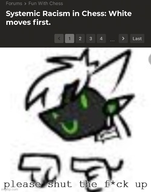 Thankfully all the comments are saying otherwise (a meme said people are calling chess racist and I had to look up why) | image tagged in please-shut-the-f-up | made w/ Imgflip meme maker
