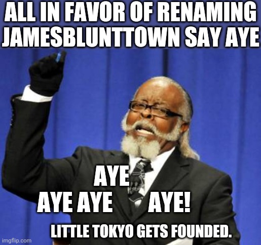 little tokyo | ALL IN FAVOR OF RENAMING JAMESBLUNTTOWN SAY AYE; AYE
 AYE AYE        AYE! LITTLE TOKYO GETS FOUNDED. | image tagged in too damn high,jamestown,history,little tokyo,all in favor,ass party | made w/ Imgflip meme maker