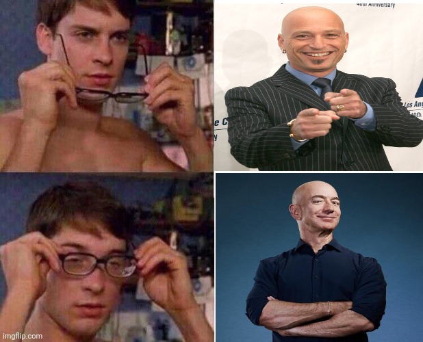Is it me or do they kind da look alike? I almost went with J.K. Simmons and Jeff. | image tagged in spiderman glasses,celebrities,jeff bezos | made w/ Imgflip meme maker