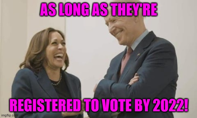 Biden Harris Laughing | AS LONG AS THEY'RE REGISTERED TO VOTE BY 2022! | image tagged in biden harris laughing | made w/ Imgflip meme maker