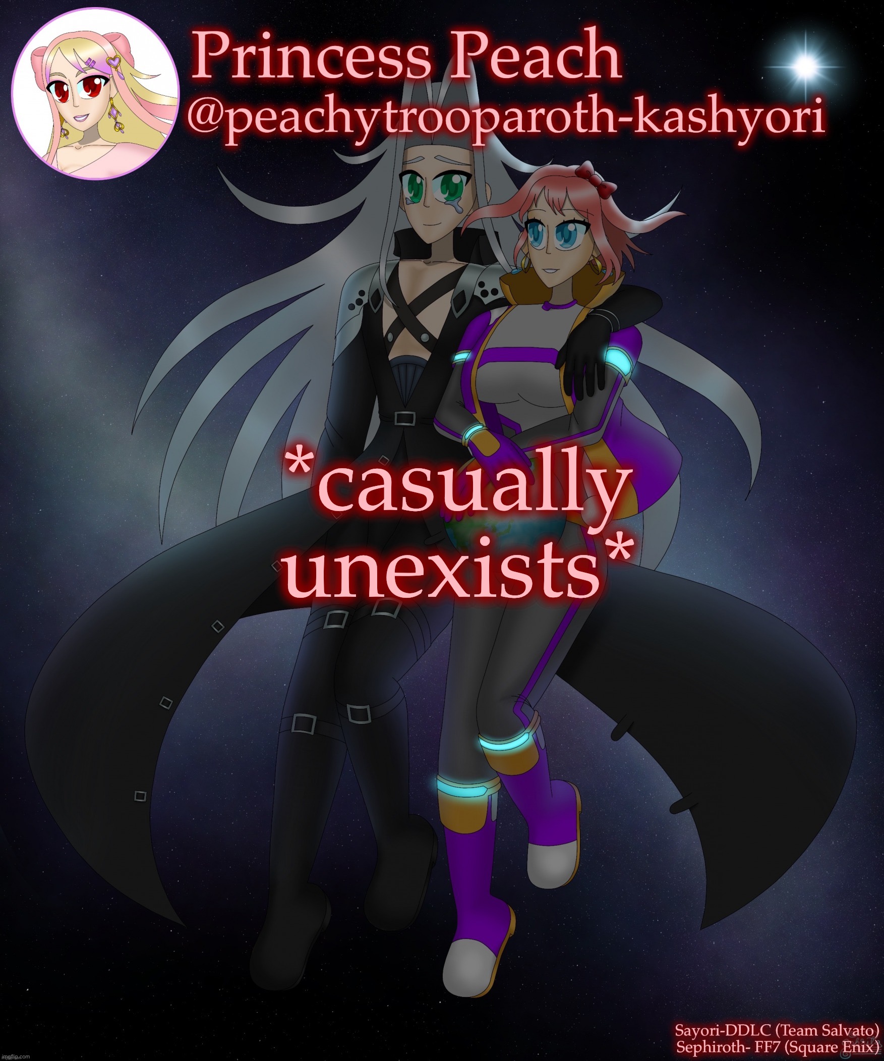 Sayori and Sephiroth | *casually unexists* | image tagged in sayori and sephiroth | made w/ Imgflip meme maker