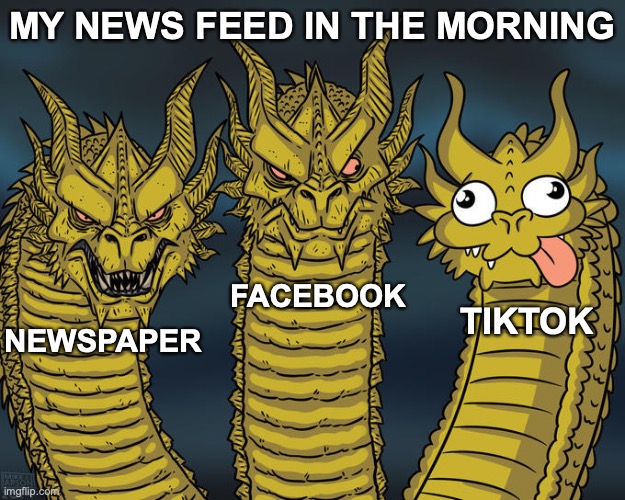 My news feed in the morning | MY NEWS FEED IN THE MORNING; FACEBOOK; TIKTOK; NEWSPAPER | image tagged in three-headed dragon,news,morning,facebook,tiktok | made w/ Imgflip meme maker