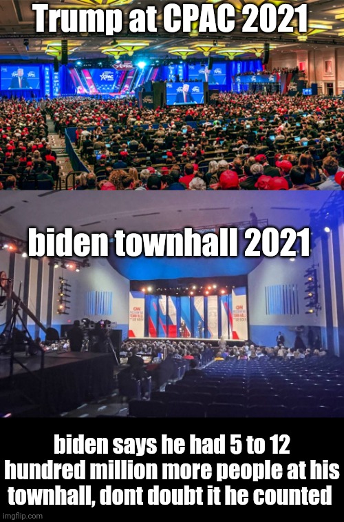 Geriatric joe counts crowd size | Trump at CPAC 2021; biden townhall 2021; biden says he had 5 to 12 hundred million more people at his townhall, dont doubt it he counted | made w/ Imgflip meme maker